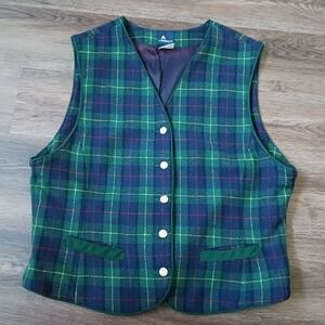 Lizsport Womens Wool Blend Plaid Vest Green Navy Blue Button Front Size 12